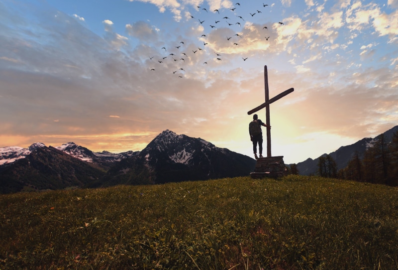 outdoors, silhouette, idyllic, tourist, landscape, dom, walking, grass, holding, standing, front, nature, land, beauty in nature, backpack, mountain, cross