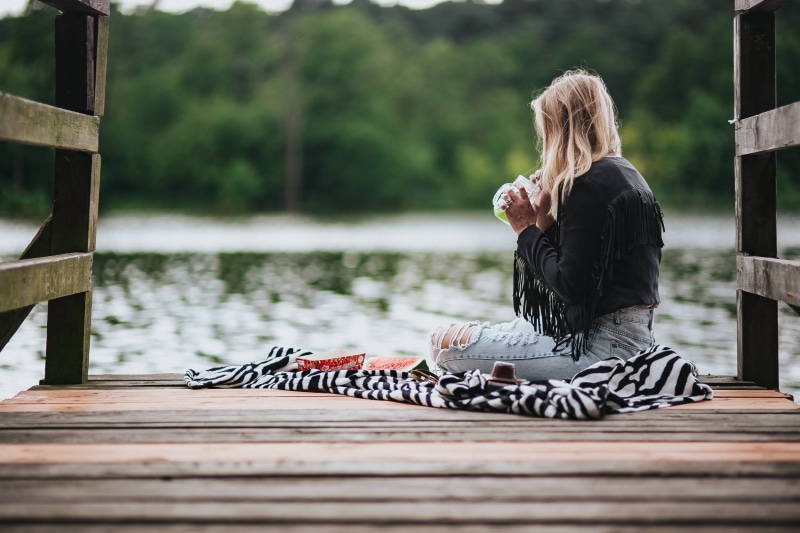 ripped, relaxation, caucasian Ethnicity, outdoors, blond hair, water, 4K, casual clothing, pretty, watermelon, color Image, lake, females, adult, female