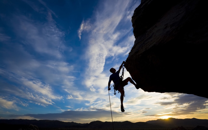 Rock, 4K, extreme backgrounds, difficulties sunset, silhouette, climber, climbing