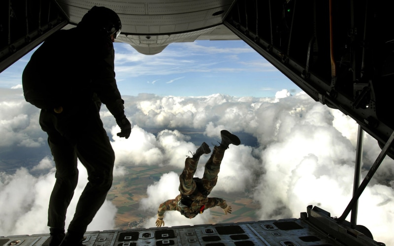 stunt, sport, s, military, day, courage, low angle view, people, mid-air, 2K, real people, extreme sports, government, mode of transportation, soldier