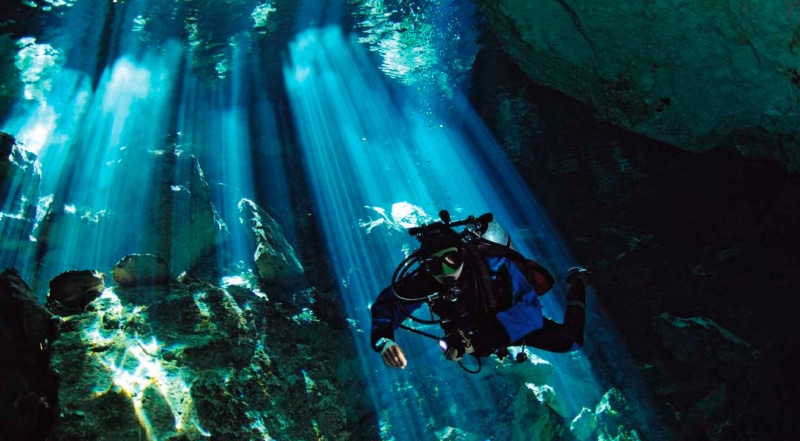 exploration, leisure activity, person, aquatic sport, undersea, 4K, diving, yucatan, men, adventure, adult, sunlight, rock - object, cenote, scuba diving