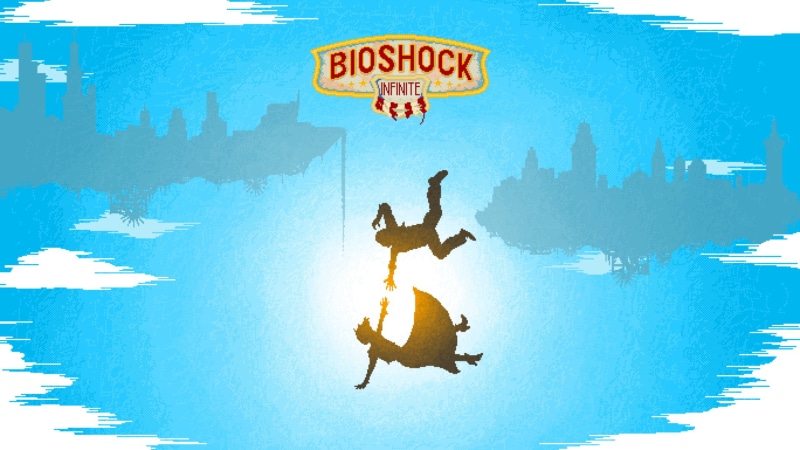 western script, 1080P, falling, Booker DeWitt, creativity, video games, art and craft, wall - building feature, water, outdoors, day, built structure