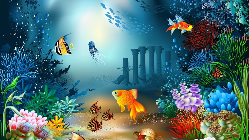 1080P, illustration, underwater, cartoon, fishes, sea, sealife, fantasy art, fish