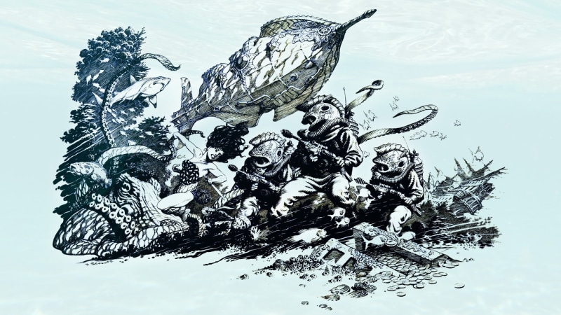 Divers, 1080P, underwater, drawing, sea, fish, submarine, White Background, digital art, 20000 Leagues Under the Sea, Jules Verne, shark, Octopus, women