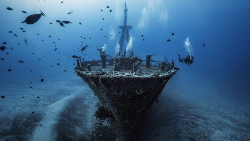 fish, large group of animals, animal wildlife, undersea, animal themes, exploration, blue, shipwreck, scuba diving, silhouette, sea, transportation, nature