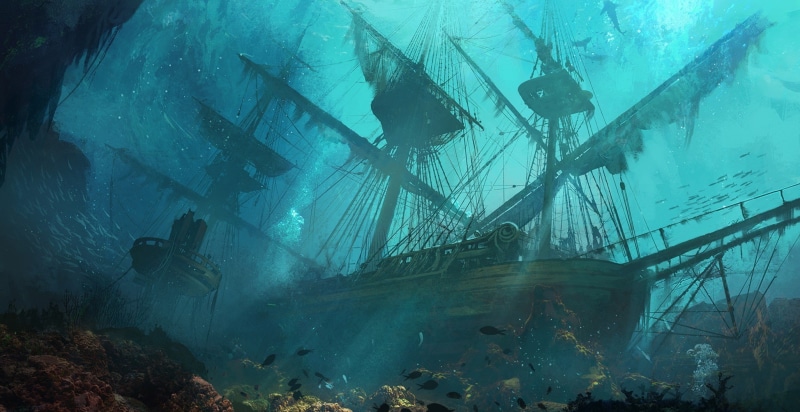 land, water, industry, artwork shipwreck underwater, outdoors, 1080P, sailboat, no people, mode of transportation, ruined, fog, nautical vessel, beauty in nature