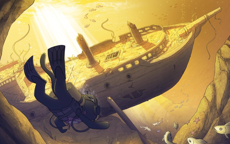 shipwreck, ship, sunlight, water, 4K, anime, divers, outdoors, travel, underwater, day, music, high angle view, transportation, nature, fish, mode of transportation