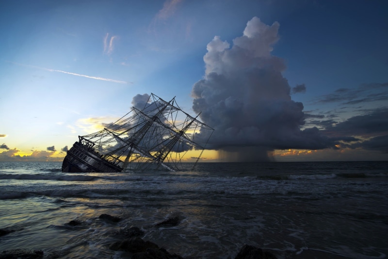 pollution, digital art, shipwreck, ruined, nautical vessel, sky, beach, motion, damaged, non-urban scene, nature, no people, sunset, sea, transportation