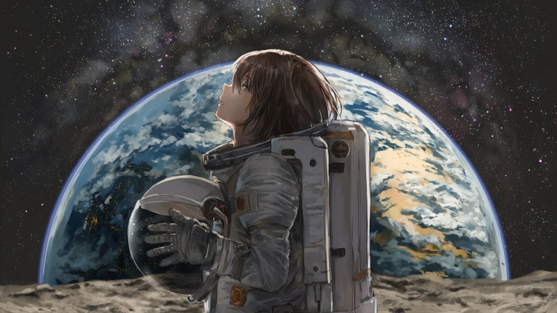 1080P, planet, space art, anime, astronaut, brunette, anime girls, space, helmet