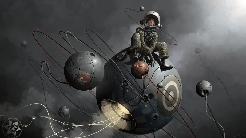 Wires, helmet, astronaut, men, planet, fantasy Art, 1080P, ball, sitting, space, Spacesuit, digital art, universe, Derek Stenning, sphere