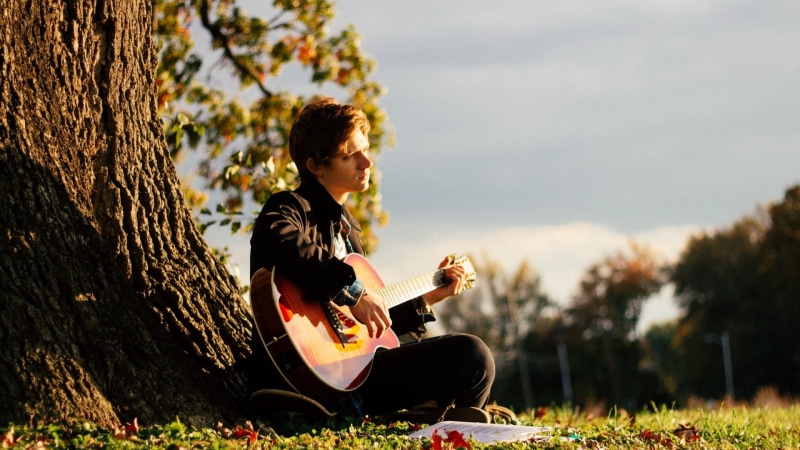sitting, men, plucking an instrument, s, women, string instrument, leisure activity, full length, tree trunk, leather, acoustic guitar, young adult, black