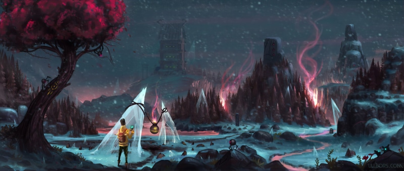 landscape, environment, 2D, winter, fantasy art, blue, digital painting, digital art, pink, science fiction, outdoors, red, artwork, architecture, drawing
