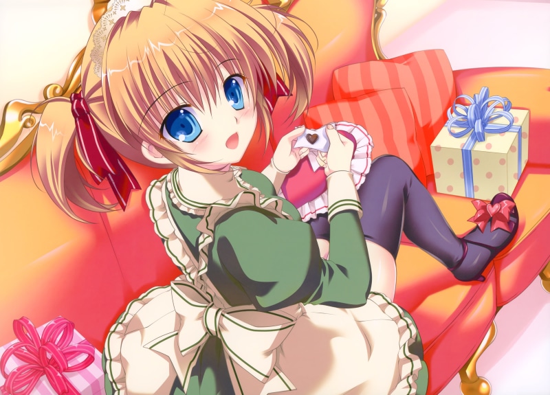 brown, twintails, blue, mikeou, 2K, original, valentine 039 s, thighhighs, chuchu, birthday, eyes, pink, maid, hair, day
