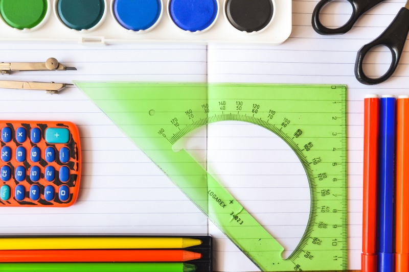 close-up, indoors, teach, education, growth, no people, planning, red, 4K, various, still life, school, calculator, learn, pen, directly above, pencil