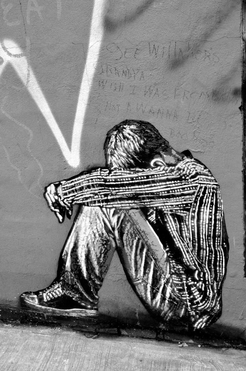 architecture, sitting, males, small, lifestyles, new york, questions, art, depression - sadness, comic, despair, image, painted, modern, full length, graffiti