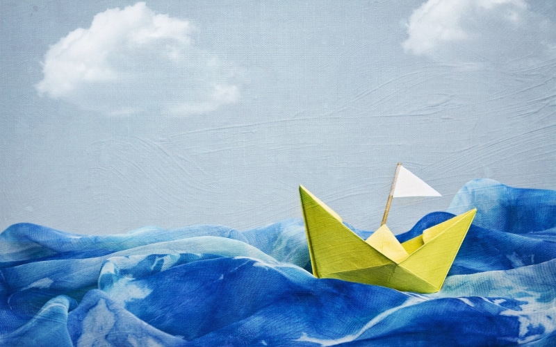 plant part, blue, 1080P, outdoors, leaf, craft, art and craft, nature, origami, sea, floating on water, cloud - sky, flag, paper boat, paper boats, artwork