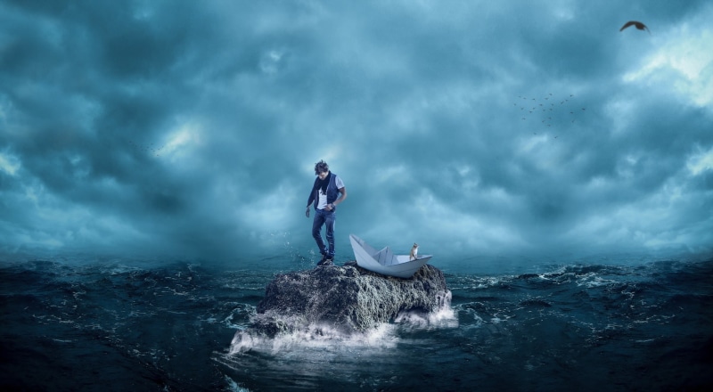 sea, power in nature, rock, storm cloud, digital art, sky, storm, dark, sport, outdoors, men, motion, cat, standing, one person, 1080P, environment, nature