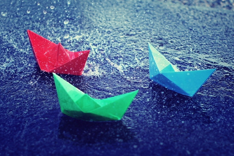 cyan, rain, splashes, puddle, water drops, paper boats, red, 1080P, green, water