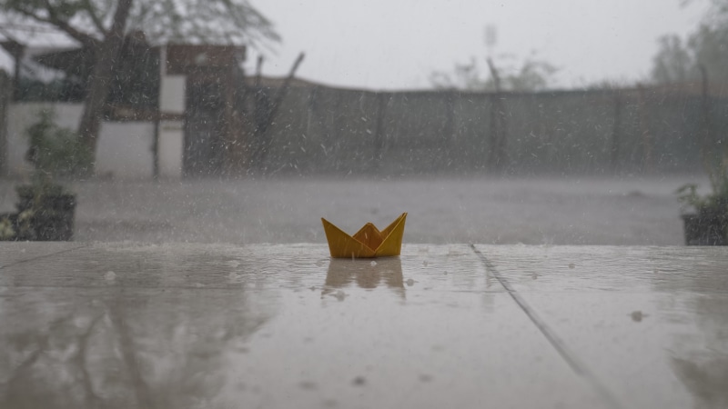 no people, paper boat, floating on water, outdoors, rainy season, gloomy, tree, lake, reflection, architecture, water, rain, nature, wet, snowing, day