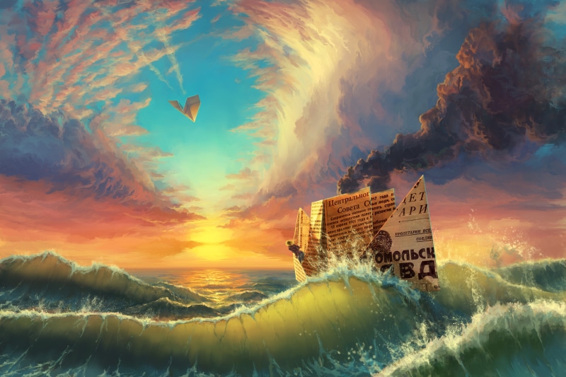 artwork, paper planes, waves, clouds, 5K, contrails, ship, paper boats, USSR, Russian, water, sunset, paper, colorful, smoke, nature, sea, digital art