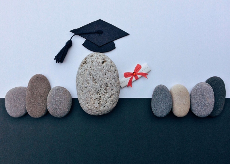 art, diploma, shape, mortarboard, rock, gray, graduate, close-up, academic, celebration, 2K, education, studio shot, blue, indoors, large group of objects