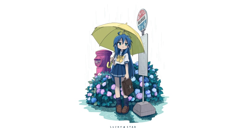 anime girls, rain, white background, flowers, umbrella, bus stop, blue hair, anime, 4K, Lucky Star, Izumi Konata