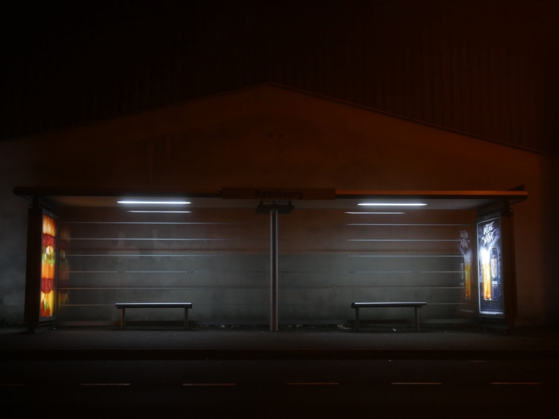 parking lot, neon, empty, transportation, dark, subway, indoors, public transportation, bus stop, illuminated, built structure, parking garage, ceiling