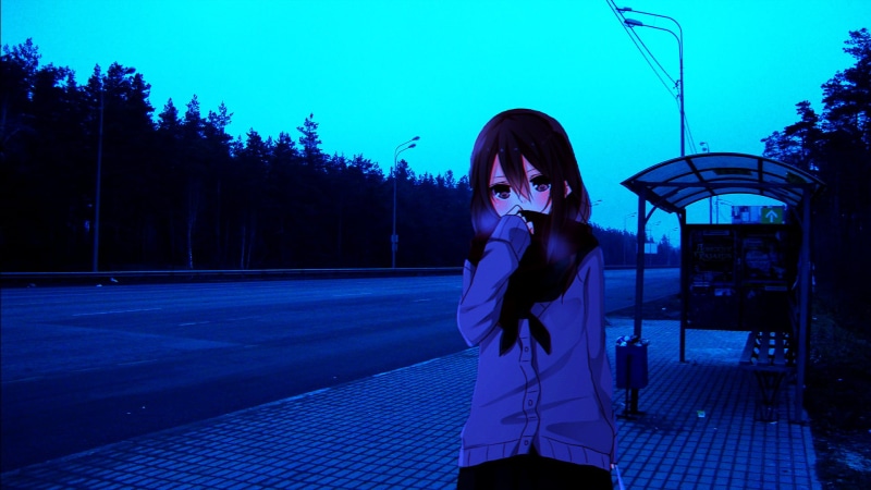 anime_irl, cold, anime, 1080P, bus stop, anime girls, empty, Russia