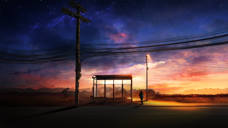 bus stop, digital art, road, 2K, stars, sunset, backpacks, t1na, street light, power lines