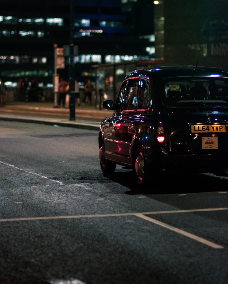 black cab, street, concrete, taxi, transportation, marking, light, black, road marking, transport, building exterior, outdoors, nighttime, land vehicle