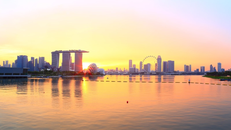 singapore, hd, wheel, cityscape, 1080P, ocean, ferris, buildings, sunset