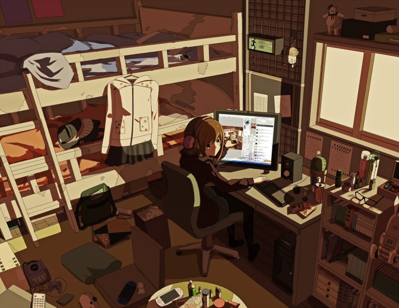business, indoors, photography themes, Japan, anime, 1080P, adult, women, communication, bedroom, sitting, anime girls, lifestyles, one person, real people