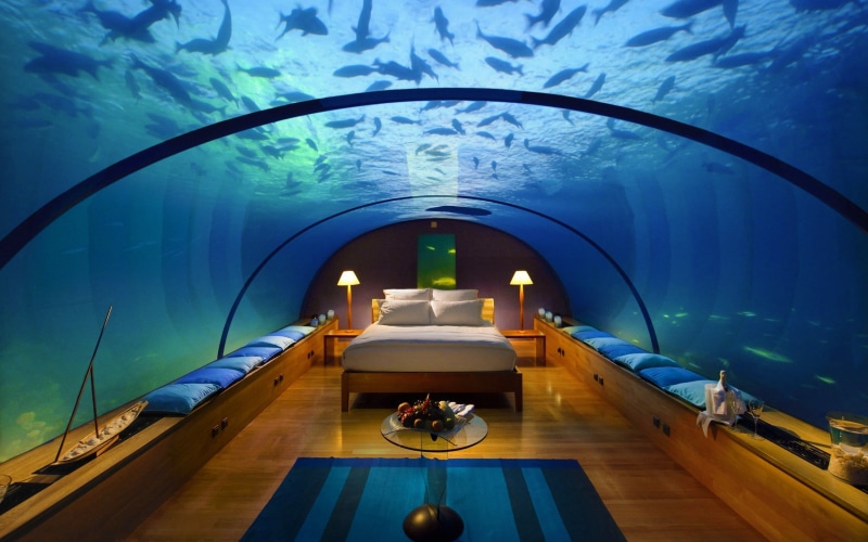 luxury, 2K, arch, sea, swimming pool, building, interior, water, aquarium, blue, nautical vessel, illuminated, direction, no people, bedroom, glass - material