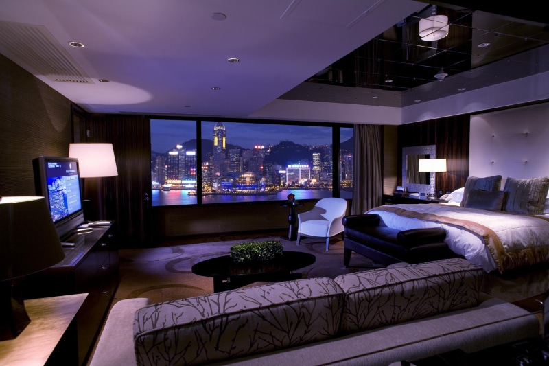 bed, bedroom, sofa, 1080P, Lamp, city, TV, interior, curtains, bedrom, window