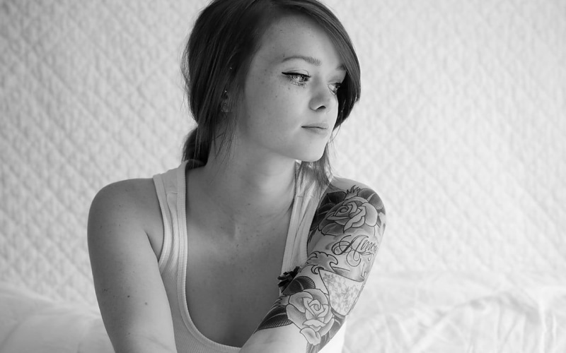 hairstyle, 720P, monochrome, indoors, tattoo, one person, contemplation, young women, looking, young adult, white, s, women, looking away, beautiful woman
