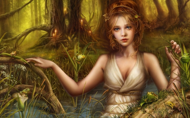 Fantasy, woman, Girl, painting, river, 1080P, Blond, Beautiful, forest