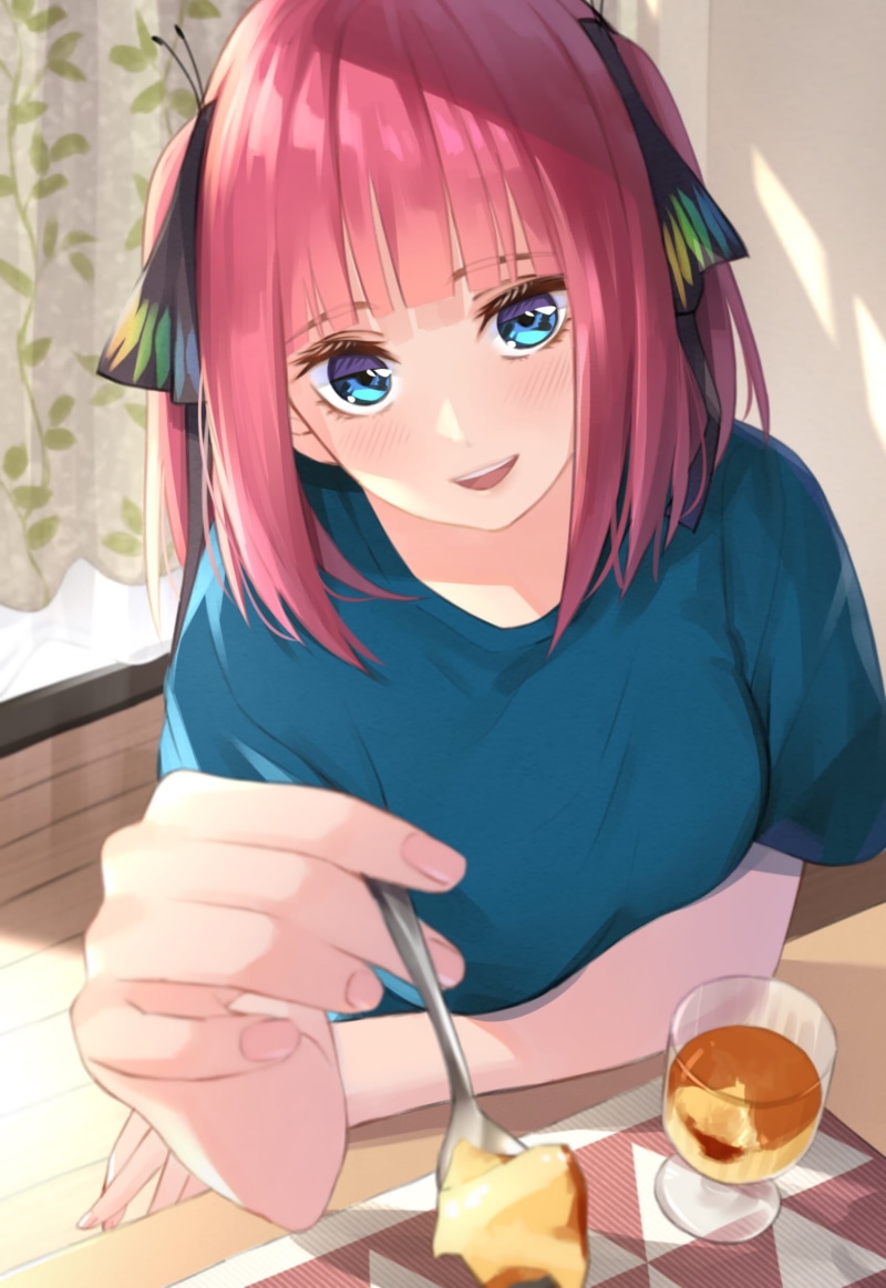 Nakano, anime girls, smiling, 1080P, short hair, blushing, blue eyes, Nino, 5-toubun no Hanayome, pink hair, ribbon, fan art, digital art