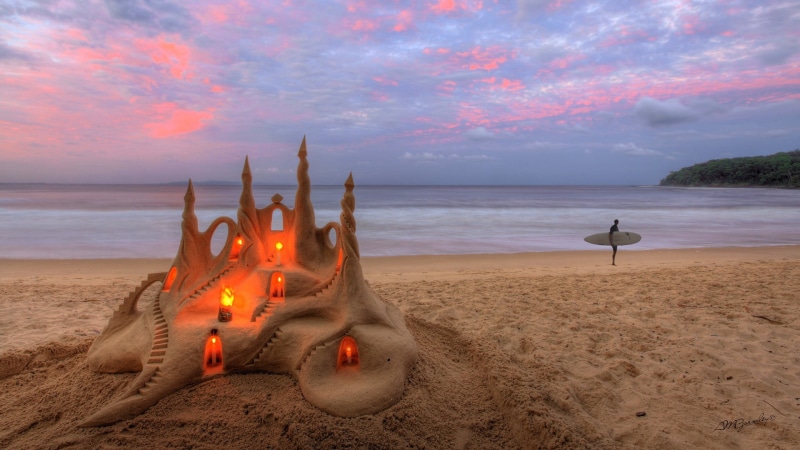 horizon over water, castle, forest, beach, horizon, sunset, surfboard, sky, cloud - sky, orange color, idyllic, sand, beauty in nature, landscape, architecture