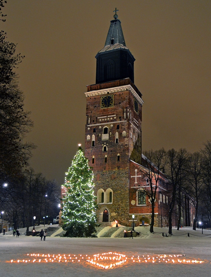 no people, building, 2K, turku, Christmas Tree, illuminated, snow, six, candle, christmas, city, built structure, cross, night, celebration, Turku Cathedral