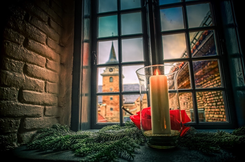 Akershus Fortress, castle, spruce branches, tower, fortress, Christmas, window, Oslo, 1080P, Norway, candle