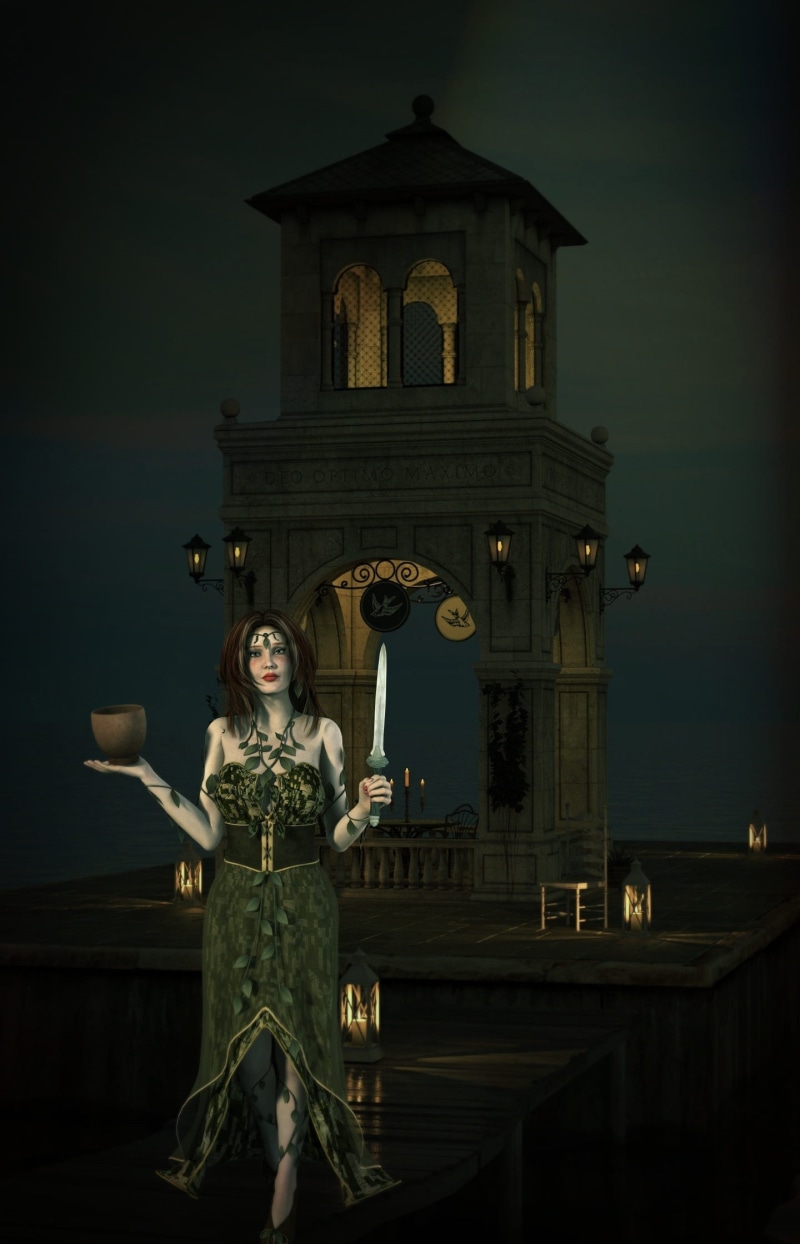 architecture, dark, sea, art, fantasy, sky, woman, belief, artfully, building, 1080P, sculpture, real people, night, place of worship, surreal, religion