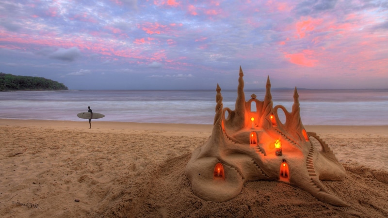 sea, no people, waves, men, land, beach, nature, scenics - nature, Horizon, sunset, beauty in nature, tranquil scene, tranquility, Trees, sky, castle, forest
