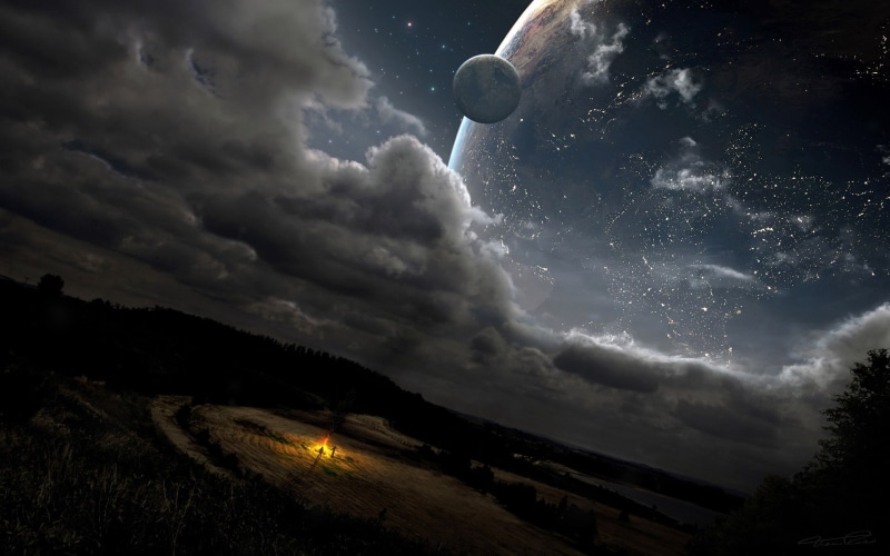 space, storm, landscape, outdoors, moonlight, beauty in nature, sky, environment, astronomy, artwork, moon, full moon, cloud - sky, 1080P, scenics - nature