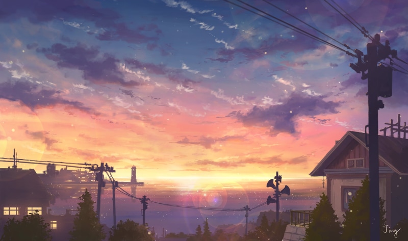 Sunset, 1080P, Ocean, Anime, Town, Original