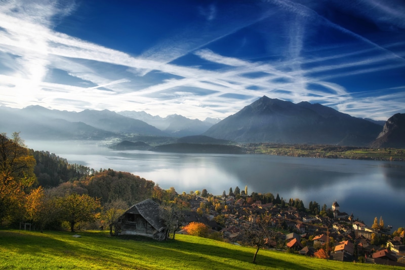water, tranquility, cloud - sky, idyllic, mountain range, snowcapped mountain, town, Canton of Bern, landscape, Switzerland, The Bernese Alps, autumn, Lake Thun