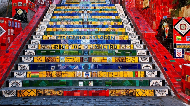 brazil, built structure, religion, outdoors, no people, text, high angle view, building exterior, belief, colorful, 1080P, arrangement, selaron, day, stairs
