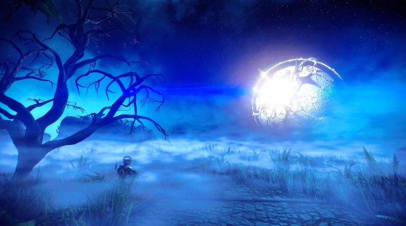lens flare, silhouette, beauty in nature, outdoors, night, scenics - nature, Nyx (Warframe), blue, environment, sky, light - natural phenomenon, plant