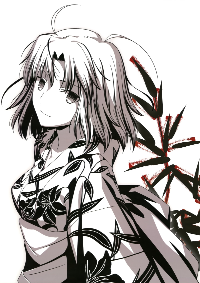 looking at camera, young adult, hairstyle, Ryougi Shiki, front view, studio shot, beautiful woman, art and craft, one person, pattern, lifestyles, anime girls