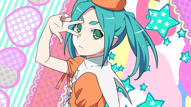 Ononoki Yotsugi, pink, Monogatari Series, 4K, anime girls, white skin, blue hair, anime, green eyes, dress