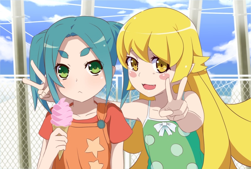 day, nature, two people, people, Monogatari Series, blonde, summer, beach, teenager, emotion, Ononoki Yotsugi, anime, art and craft, child, fan art, representation